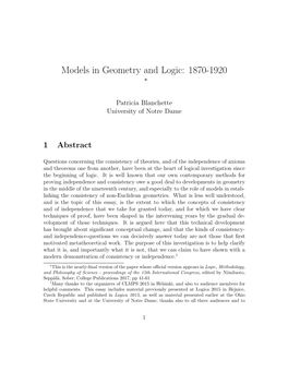 Models in Geometry and Logic: 1870-1920 ∗