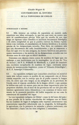 Claudio Wagner R. CONTRIBUCION AL ESTUDIO DE LA TOPONIMIA DE CHILOE