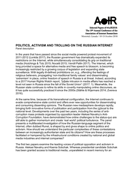 POLITICS, ACTIVISM and TROLLING on the RUSSIAN INTERNET Panel Description