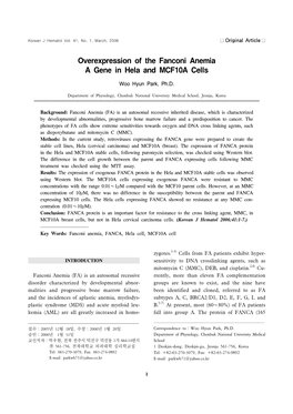 Overexpression of the Fanconi Anemia a Gene in Hela and MCF10A Cells