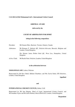CAS 2011/A/2362 Mohammad Asif V. International Cricket Council
