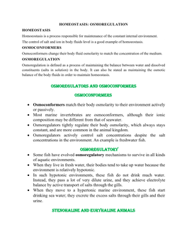 OSMOREGULATION HOMEOSTASIS Homoeostasis Is a Process Responsible for Maintenance of the Constant Internal Environment