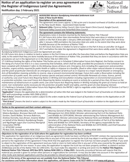 Notice of an Application to Register an Area Agreement on the Register of Indigenous Land Use Agreements Notification Day: 3 February 2021