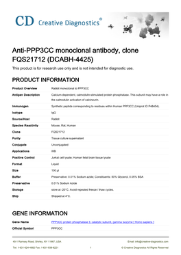 Anti-PPP3CC Monoclonal Antibody, Clone FQS21712 (DCABH-4425) This Product Is for Research Use Only and Is Not Intended for Diagnostic Use