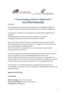 **Samenvoeging Scholen in Nigtevecht** Fusie Effect Rapportage Voorwoord