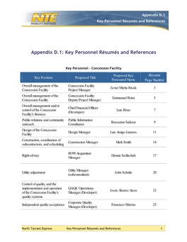 Appendix D.1: Key Personnel Résumés and References