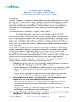 The Simple View of Reading: Research of Importance to All Educators by Linda Farrell, Marcia Davidson, Michael Hunter, Tina Osenga