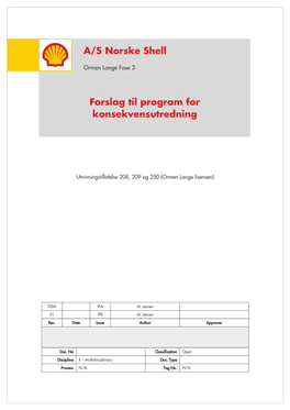 A/S Norske Shell Forslag Til Program for Konsekvensutredning