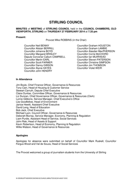 MINUTES of MEETING of STIRLING COUNCIL Held in the COUNCIL CHAMBERS, OLD VIEWFORTH, STIRLING on THURSDAY 27 FEBRUARY 2014 at 7.35 Pm