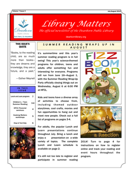 Library Matters the Official Newsletter of the Dearborn Public Library
