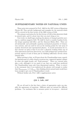 Supplementary Notes on Natural Units Units