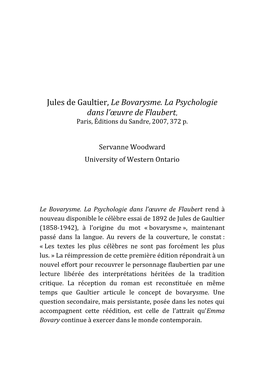 Jules De Gaultier, Le Bovarysme. La Psychologie Dans L'œuvre De Flaubert