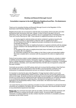 HBBC Response to Regulation 14 Pre-Submission Draft Witherley