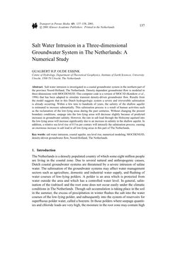 Salt Water Intrusion in a Three-Dimensional Groundwater System in the Netherlands: a Numerical Study