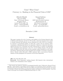 Currency Vs. Banking in the Financial Crisis of 1931∗