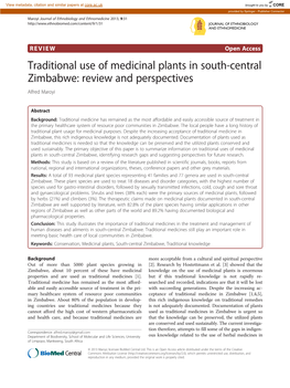 Traditional Use of Medicinal Plants in South-Central Zimbabwe: Review and Perspectives Alfred Maroyi