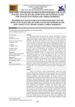 Rhetoric and Figure of Speech Minangkabau Locality in Kaba Rancak Di Labuah by Datuak Panduko Alam and Anggun Nan Tongga by Ambas Mahkota