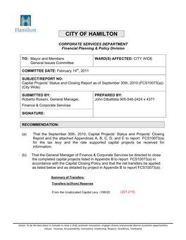 Capital Projects' Status and Closing Report As of September 30Th, 2010 (FCS10073(A)) (City Wide)