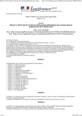 Décret N° 2014-162 Du 17 Février 2014 Portant Délimitation Des Cantons Dans Le Département De La Haute-Loire | Legifrance