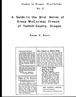 A Guide to the Bird Notes of Grace Mccormac French of Yamhill County, Oregon