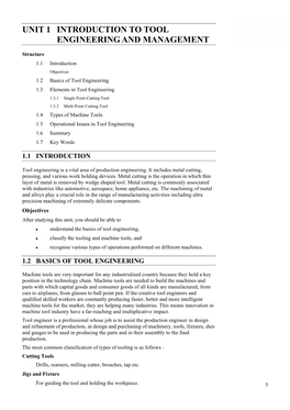 Unit 1 Introduction to Tool Engineering and Management