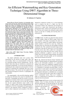 An Efficient Watermarking and Key Generation Technique Using DWT Algorithm in Three- Dimensional Image