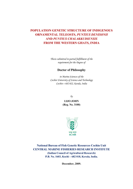 Population Genetic Structure of Indigenous Ornamental Teleosts, Puntius Denisonii and Puntius Chalakkudiensis from the Western Ghats, India