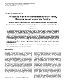 Response of Some Ornamental Flowers of Family Ranunculaceae to Sucrose Feeding