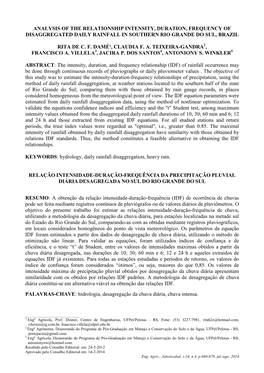 Analysis of the Relationship Intensity, Duration, Frequency of Disaggregated Daily Rainfall in Southern Rio Grande Do Sul, Brazil