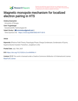 Magnetic Monopole Mechanism for Localized Electron Pairing in HTS