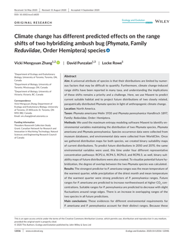 Climate Change Has Different Predicted Effects on the Range Shifts of Two Hybridizing Ambush Bug (Phymata, Family Reduviidae, Order Hemiptera) Species