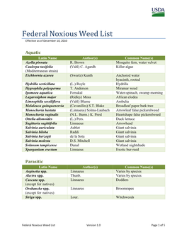 Federal Noxious Weed List Effective As of December 10, 2010