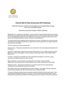 Internet Hall of Fame Announces 2013 Inductees