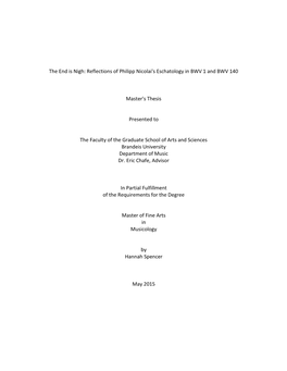 The End Is Nigh: Reflections of Philipp Nicolai's Eschatology in BWV 1 and BWV 140