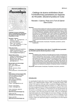 Catálogo De Ácaros Eriofioideos (Acari: Trombidiformes) Parasitados Por Especies De Hirsutella (Deuteromycetes) En Cuba