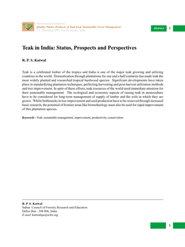 Teak from Sustainable Forest Management Abstract 1 2-5 December 2003, Peechi, Kerala, India