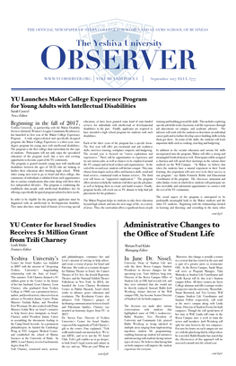 The Yeshiva University OBSERVER VOLUME LXIII ISSUE I September 2017/ ELUL 5777