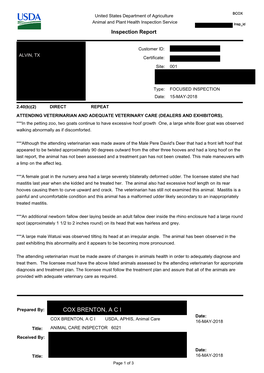 COX BRENTON, a C I Date: COX BRENTON, a C I USDA, APHIS, Animal Care 16-MAY-2018 Title: ANIMAL CARE INSPECTOR 6021 Received By