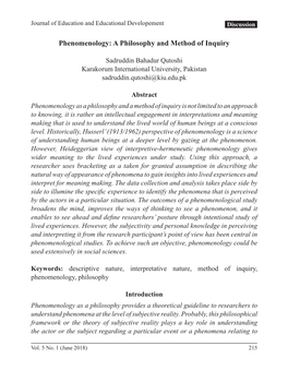 Phenomenology: a Philosophy and Method of Inquiry