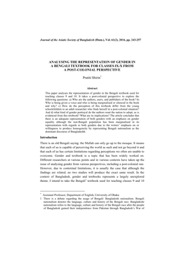 ANALYSING the REPRESENTATION of GENDER in a BENGALI TEXTBOOK for CLASSES IX-X from a POST-COLONIAL PERSPECTIVE Pratiti Shirin*