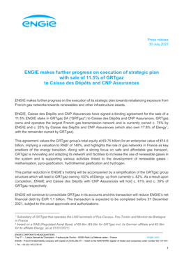 ENGIE Makes Further Progress on Execution of Strategic Plan with Sale of 11.5% of Grtgaz to Caisse Des Dépôts and CNP Assurances