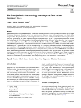 The Greek (Hellenic) Rheumatology Over the Years: from Ancient to Modern Times