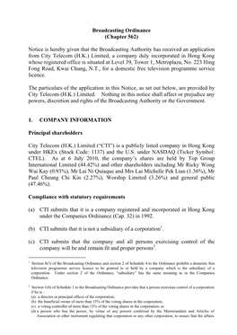 Broadcasting Ordinance (Chapter 562) Notice Is Hereby Given That The