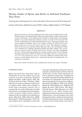 Dietary Intake of Spices and Herbs in Habitual Northeast Thai Diets