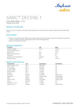 SABIC® DECENE-1 Linear Alpha Olefins – C10 CAS No: 872-05-9