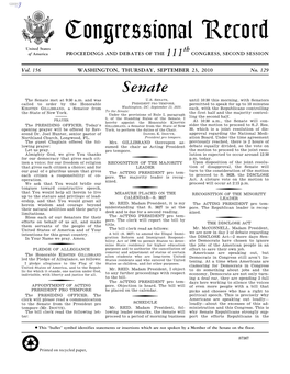 Congressional Record United States Th of America PROCEEDINGS and DEBATES of the 111 CONGRESS, SECOND SESSION