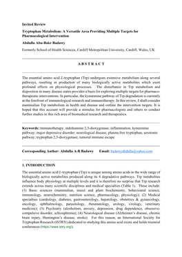 Invited Review Tryptophan Metabolism: a Versatile