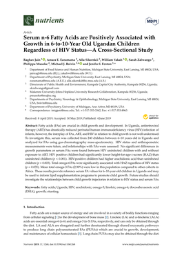 Serum N-6 Fatty Acids Are Positively Associated with Growth in 6-To-10-Year Old Ugandan Children Regardless of HIV Status—A Cross-Sectional Study