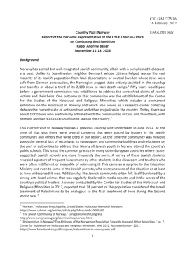 ENGLISH Only Report of the Personal Representative of the OSCE Chair-In-Office on Combating Anti-Semitism Rabbi Andrew Baker September 11-13, 2016