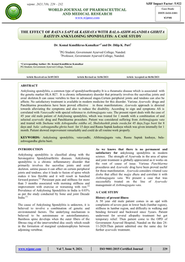 The Effect of Rasna Saptak Kashaya with Bala-Ashwagandha Ghrita Basti in Ankylosing Spondylitis: a Case Study